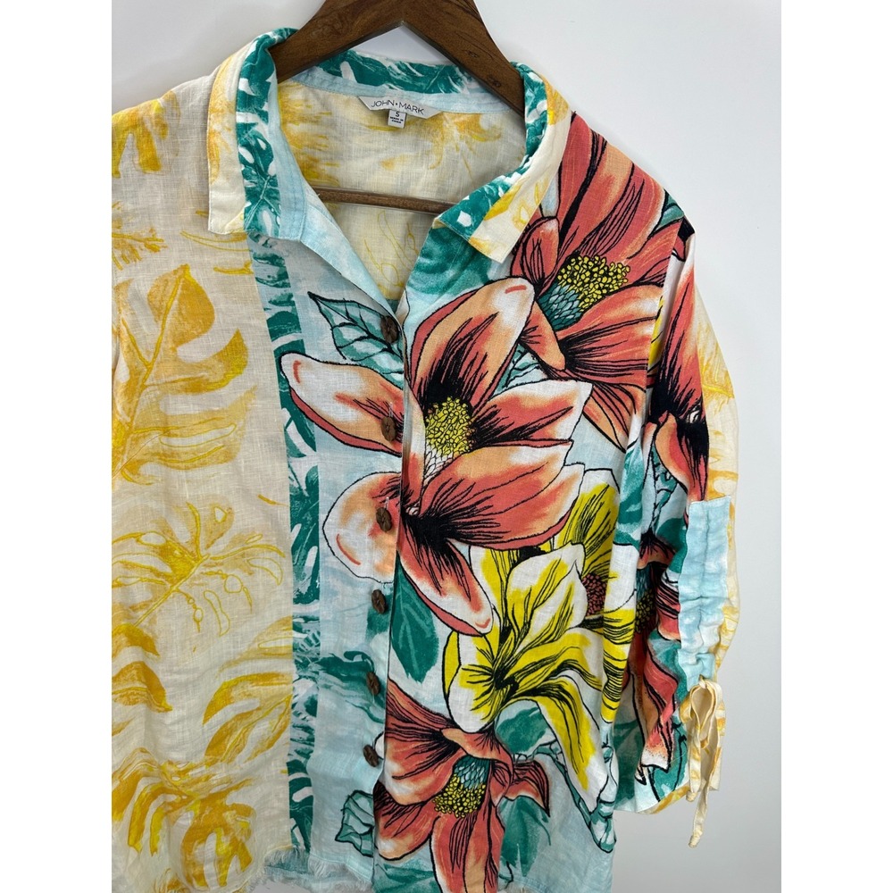 John Mark Artsy Boho Wire Collar Raw Hem 100% Linen Tunic Top Floral Size Small - Picture 4 of 12